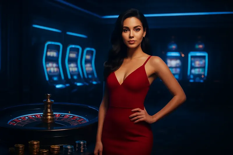 Beautiful woman in red dress standing confidently near roulette and slot machines with gold coins and poker chips in a luxurious Bangladeshi casino setting