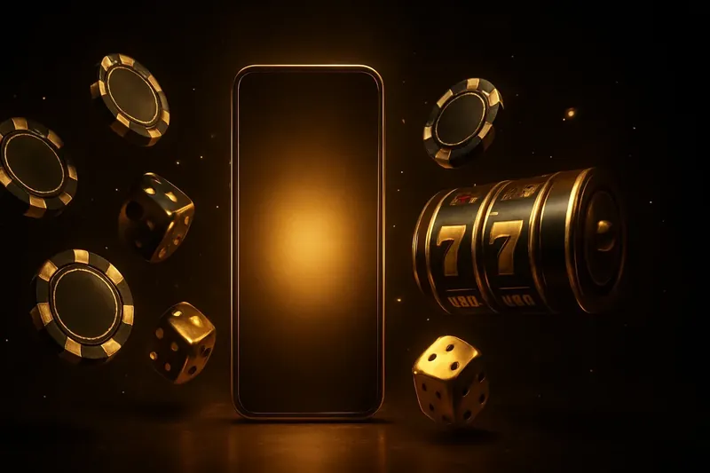 Panoramic banner with glowing smartphone, floating casino chips, slot reels, and dice on dark luxurious background